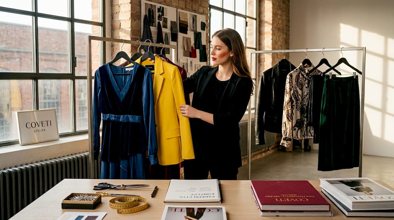 Eine Stylistin stellt Outfits zusammen und kombiniert dabei verschiedene Materialien und Strukturen für einen spannenden Look.