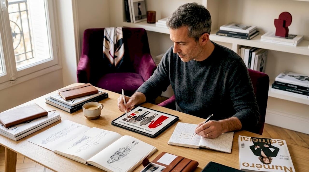 Un homme réfléchit à sa garde-robe en feuilletant des magazines et en consultant sa tablette.