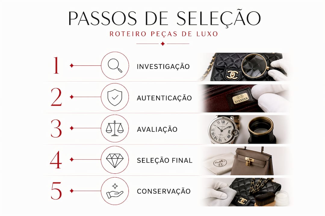 Infográfico com os principais passos do processo de seleção de produtos de luxo