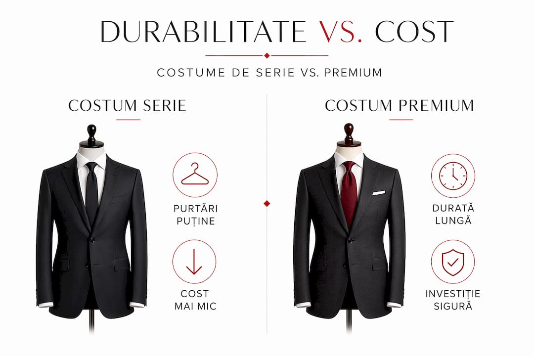 Infografic: analiză comparativă între rezistența în timp și prețul costumelor