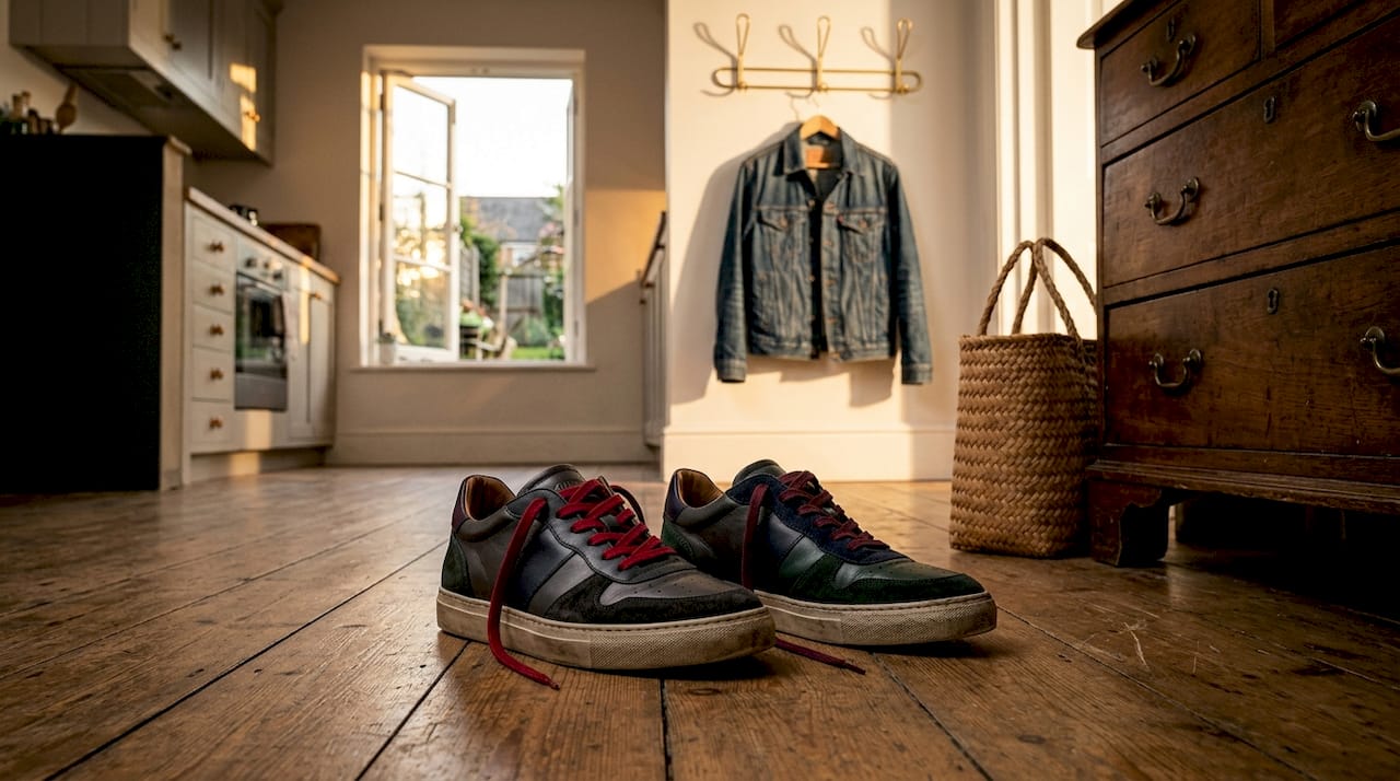 Een paar exclusieve sneakers liggen nonchalant in de hal, alsof ze net zijn uitgetrapt na een lange dag.
