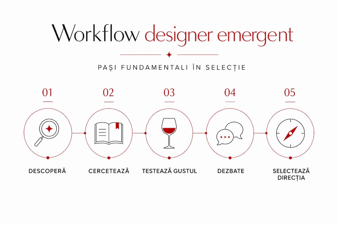 Infografic tip coloană care prezintă etapele procesului de lucru al unui designer