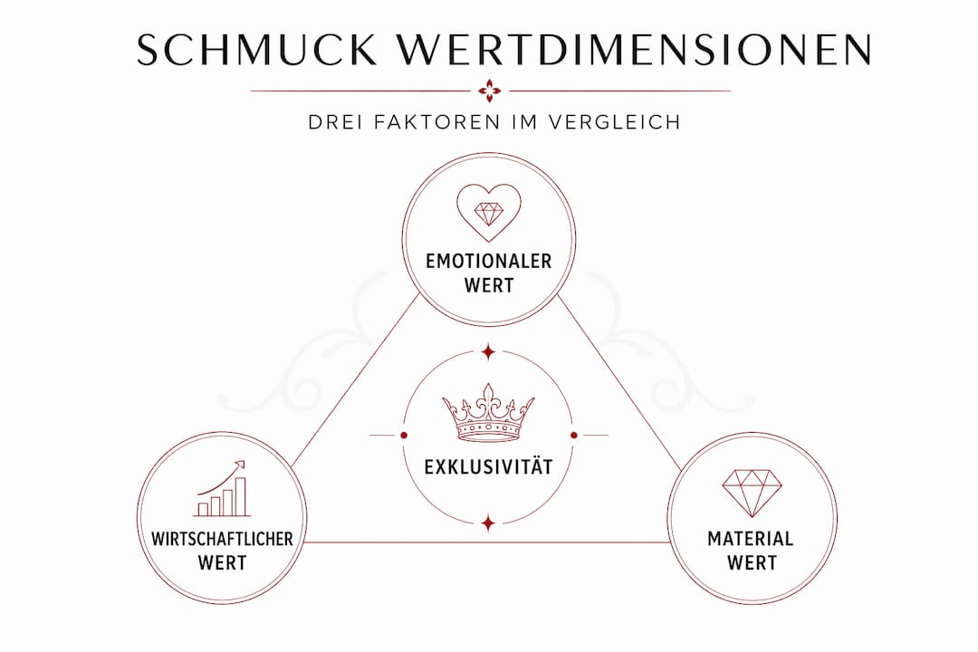 Eine anschauliche Grafik veranschaulicht die drei wichtigsten Wertaspekte von Schmuck.