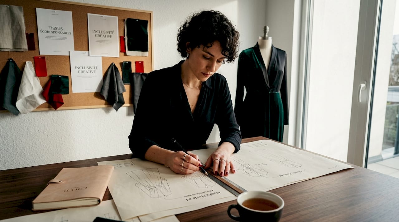 Un créateur de mode imagine des modèles de vêtements pensés pour toutes les morphologies, en mettant l’accent sur l’inclusivité.