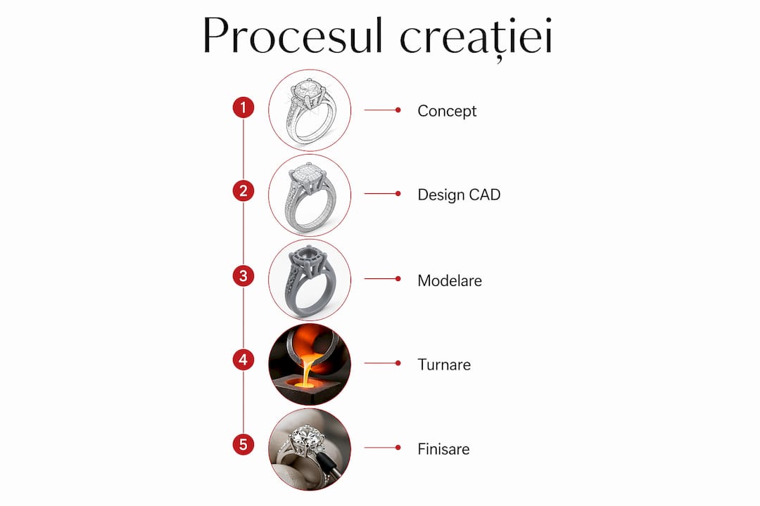 Infografic ce prezintă, pas cu pas, procesul de realizare a bijuteriilor de designer