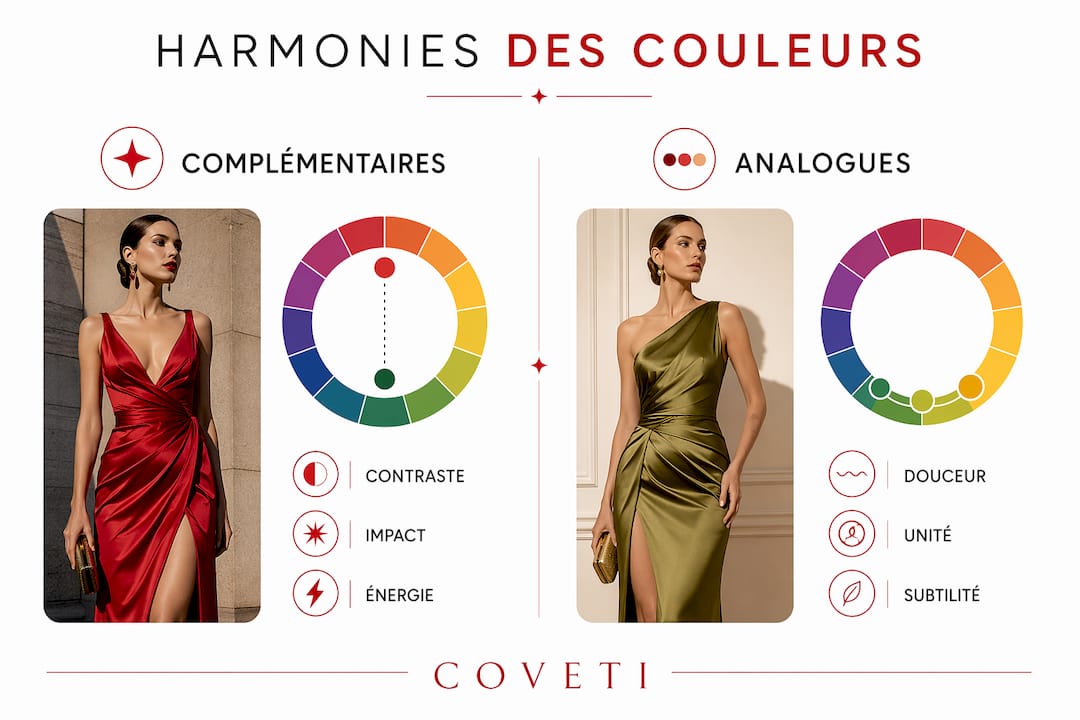 Infographie mettant en parallèle les harmonies de couleurs complémentaires et analogues