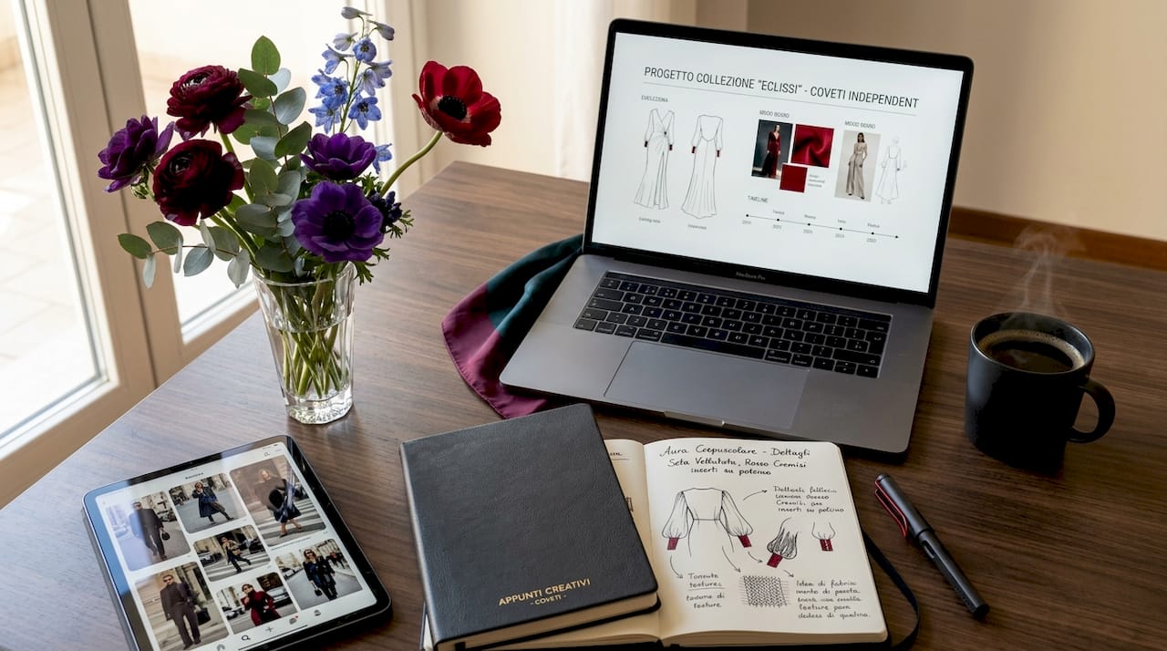 Lo spazio di lavoro di chi gestisce un brand di moda indipendente