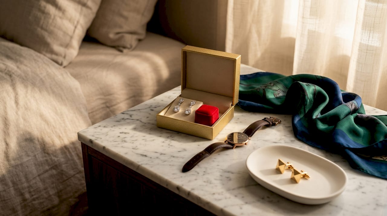 Luxe accessoires stijlvol geordend op kleur en materiaal