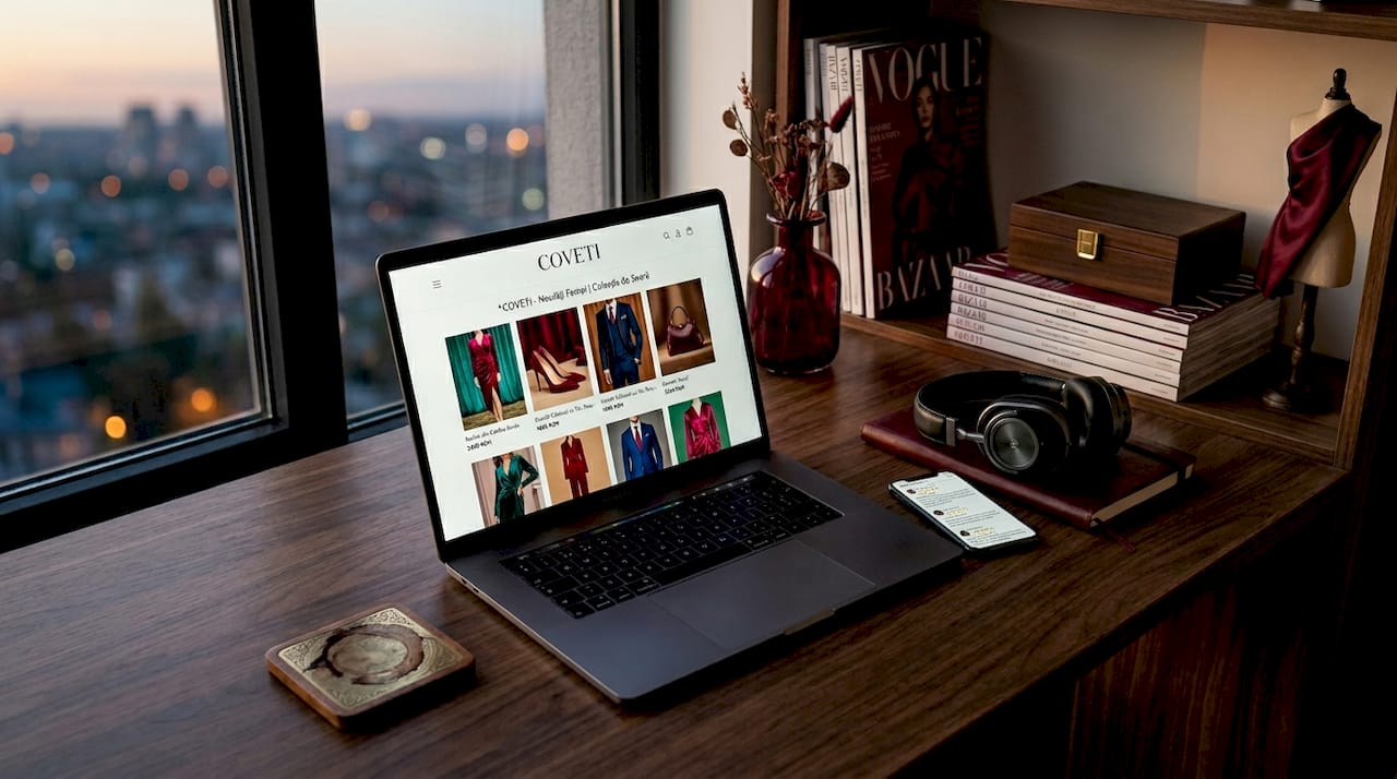 Birou pe care se află un laptop deschis, cu diverse produse de modă afișate pe ecran