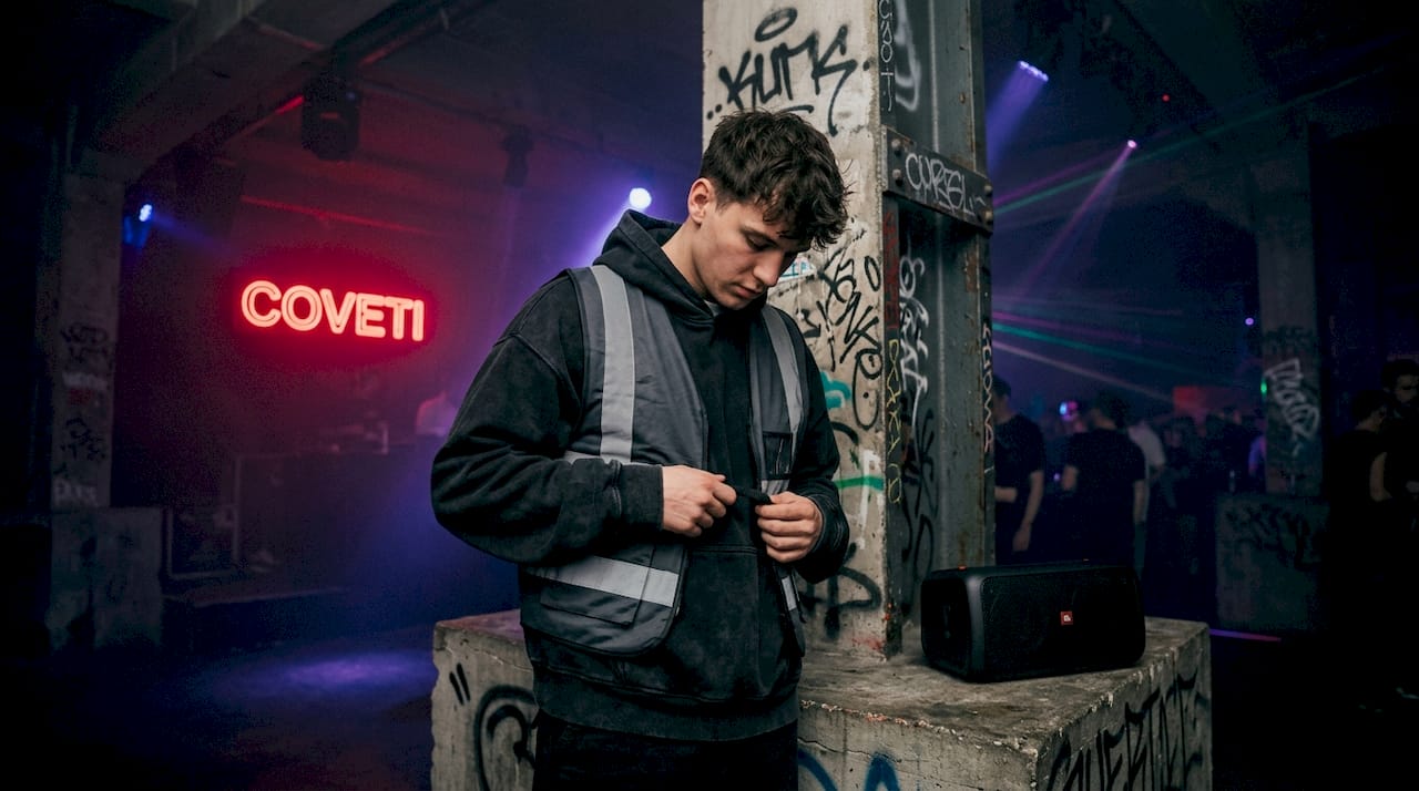 Ein Typ mit knalliger Warnweste tanzt mitten im Technoclub.