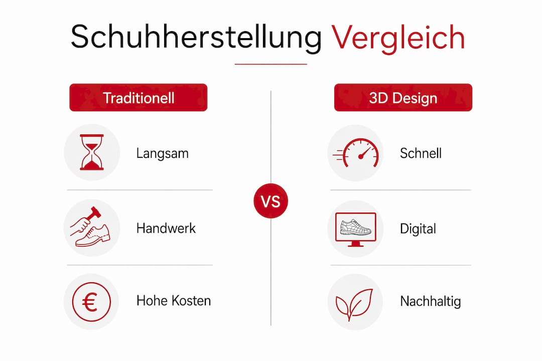 Infografik: Gegenüberstellung von klassischen Schuhmodellen und innovativem 3D-Schuhdesign