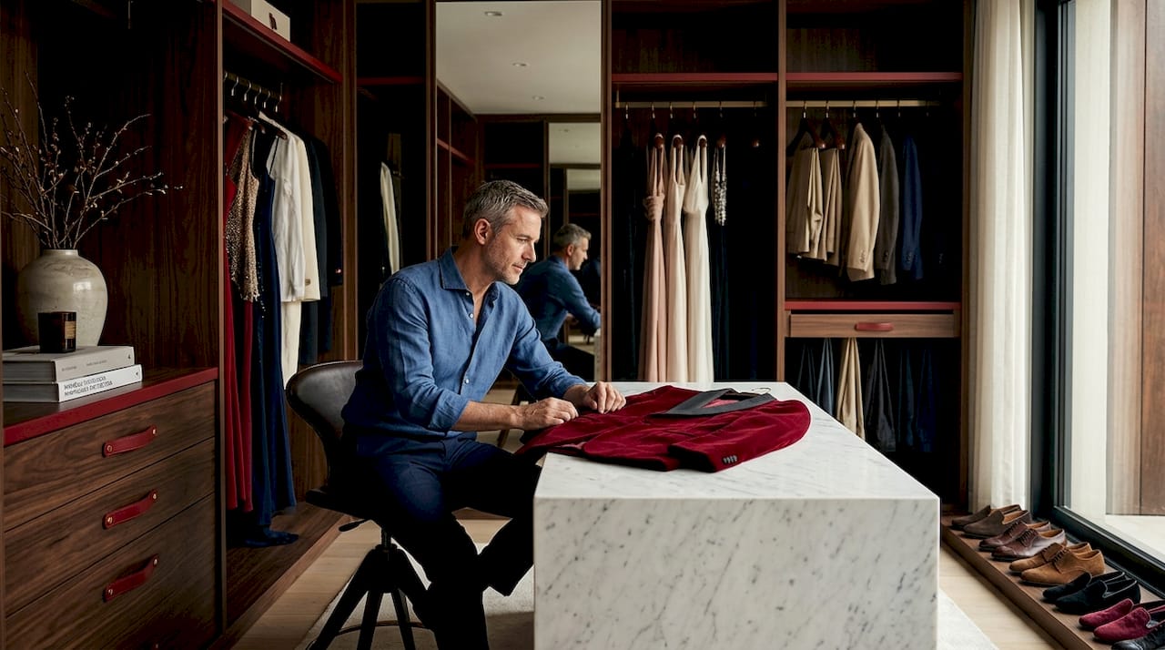 Un hombre revisa y organiza su armario cuidadosamente en el vestidor, seleccionando prendas que reflejan su estilo personal.