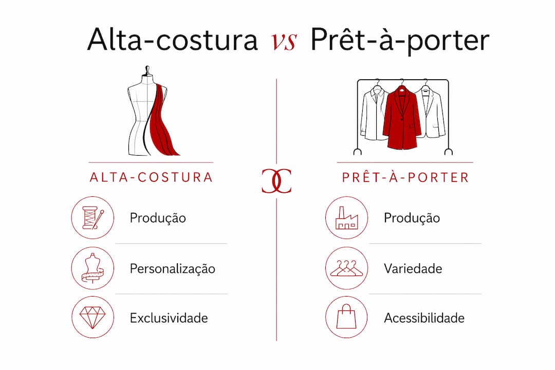Infográfico que destaca as principais diferenças entre alta-costura e moda pronta-a-vestir