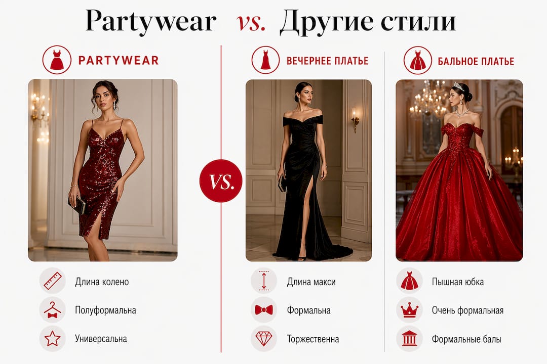 В инфографике показаны отличия между нарядами в стиле partywear и другими вариантами вечерних платьев.