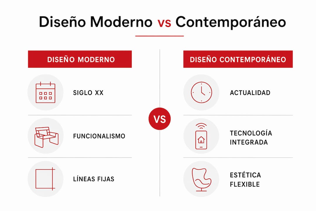 Infografía que muestra las diferencias entre el diseño moderno y el diseño contemporáneo