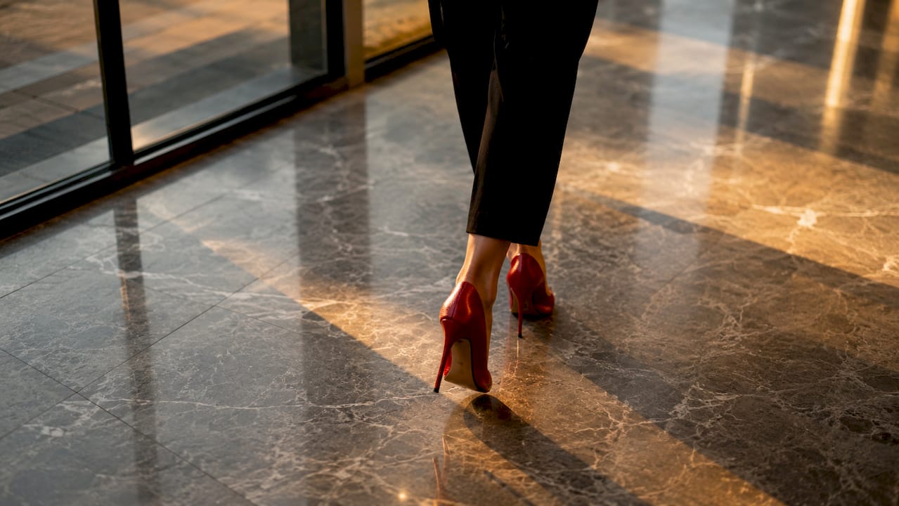 Mit anmutigem Schritt läuft eine Frau in High Heels durch das Tanzstudio.