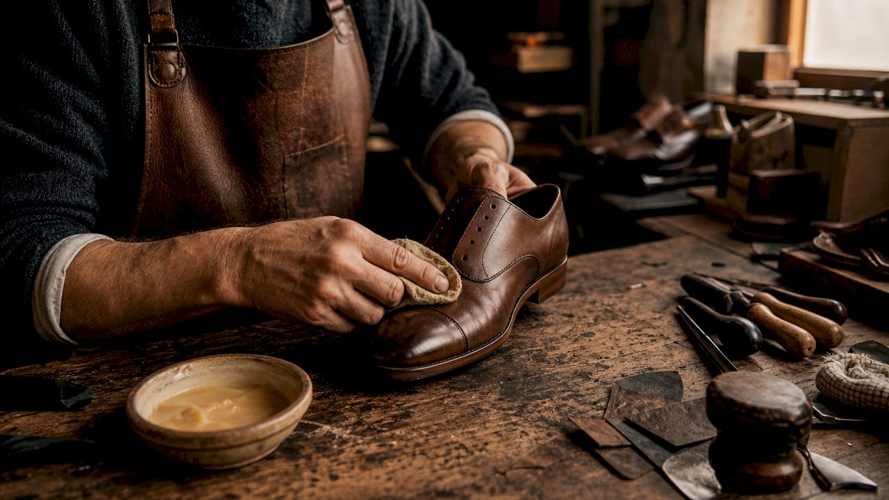 Met zorg worden leren schoenen met de hand behandeld in het atelier om de kwaliteit te waarborgen.