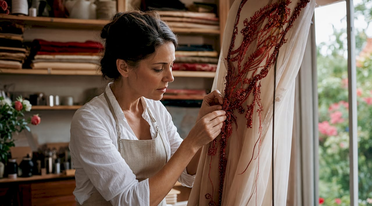 Criadora de moda a bordar um vestido de alta-costura com todo o detalhe e dedicação.