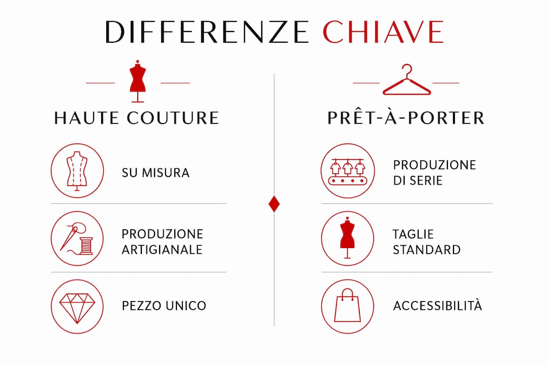 Infografica che mette a confronto le caratteristiche distintive dell’haute couture e del prêt-à-porter