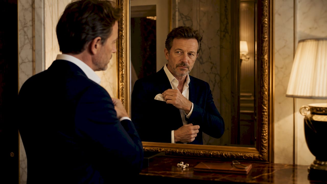 Un homme ajuste sa ceinture devant le miroir, prenant soin de soigner son apparence.
