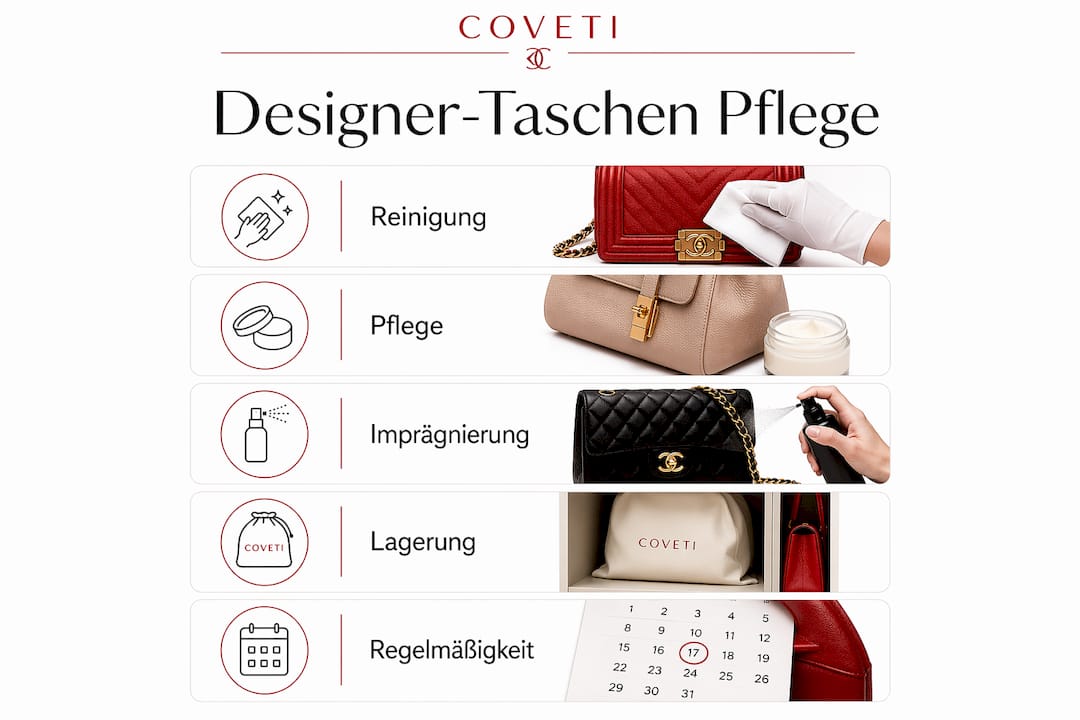 Pflegeanleitung für Designertaschen als übersichtliche Infografik