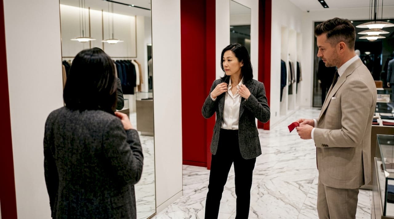 Une femme prend le temps d’essayer une veste haut de gamme dans une boutique chic.