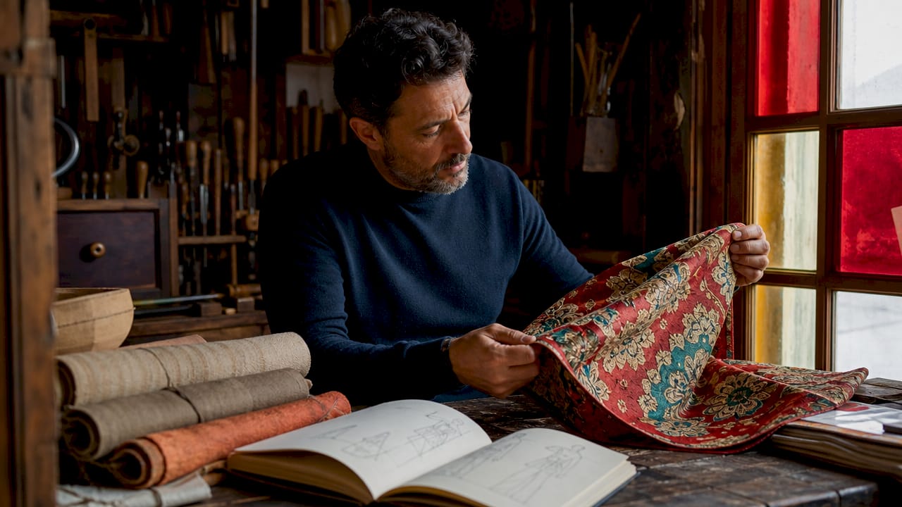 Designer de moda masculina num atelier artesanal português