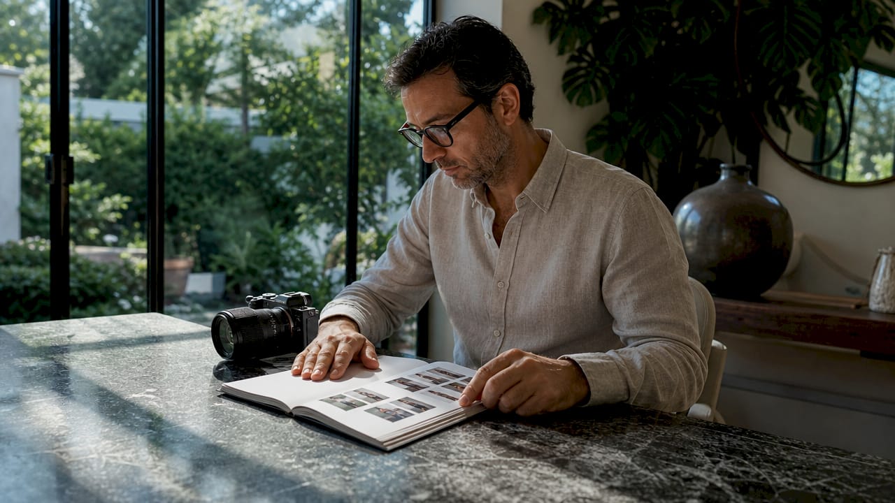 Man bekijkt en beoordeelt zijn outfitfoto’s aan de eettafel
