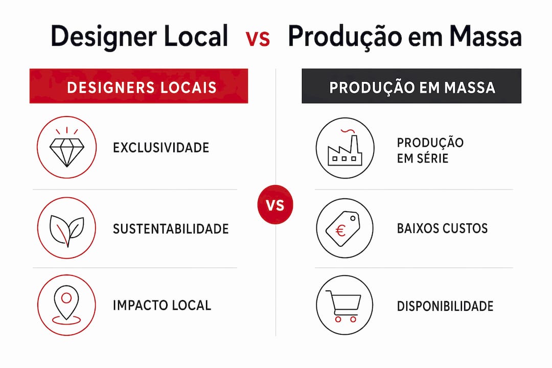 Infografia que destaca as diferenças entre o trabalho de designers portugueses e a produção industrial em grande escala