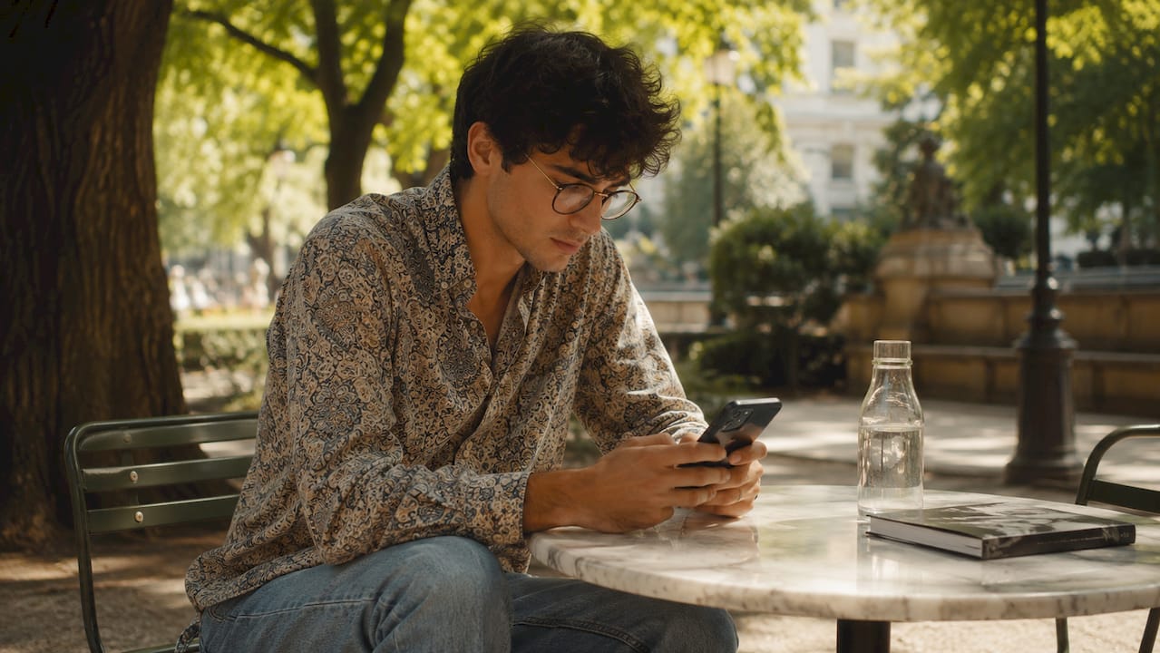 Installé à la terrasse d’un café, un homme fait défiler le compte Instagram d’un créateur de mode sur son téléphone.