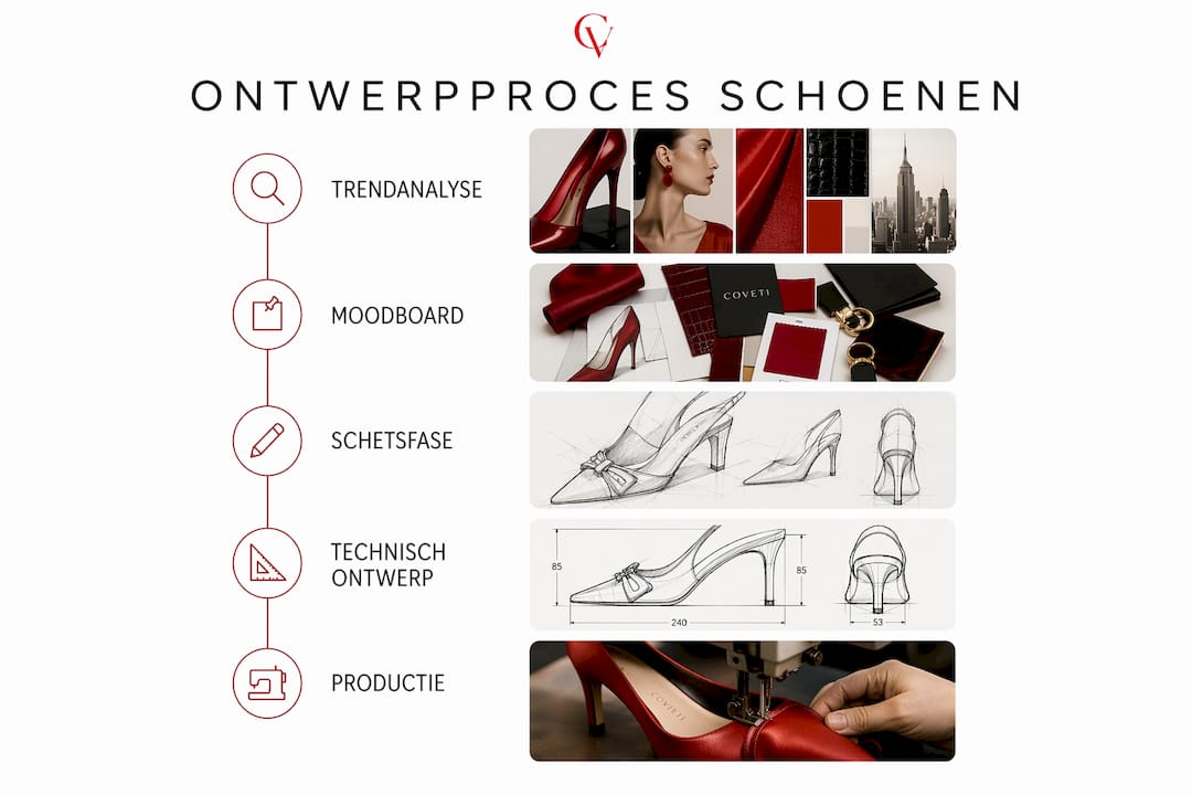 Overzichtelijke infographic met het stappenplan voor het ontwerpen van schoenen