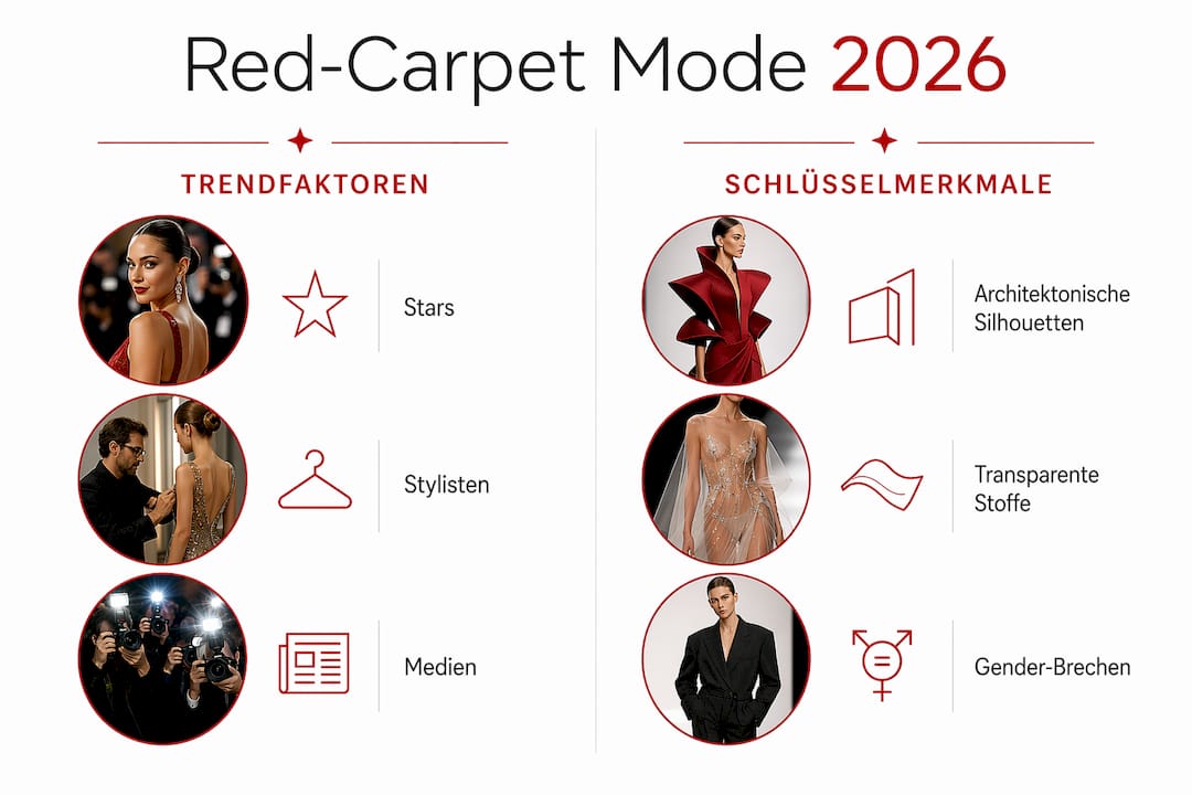 Grafische Übersicht: Die wichtigsten Entwicklungen und Einflüsse der Red-Carpet-Mode 2026 auf einen Blick