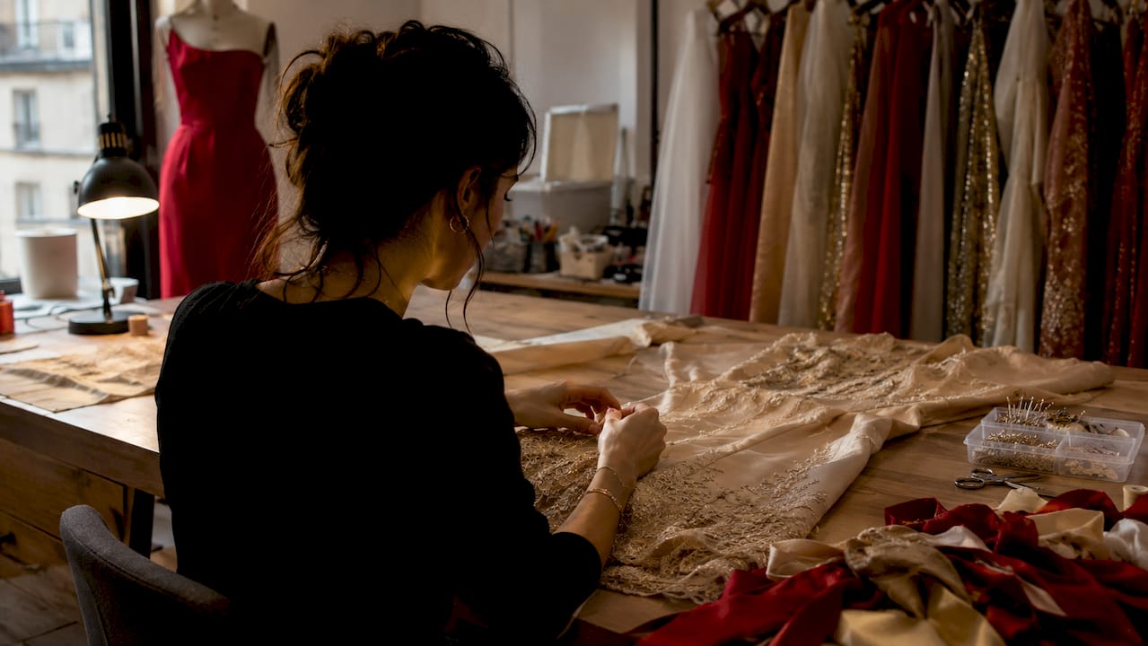 Mâinile designerului lucrează cu grijă, aplicând dantela pe o rochie realizată pe comandă.