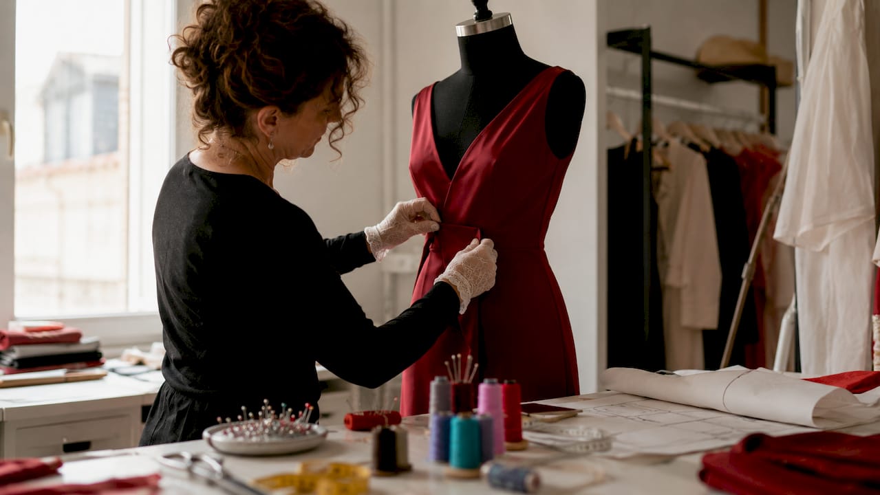 Unas manos acomodan cuidadosamente un vestido prêt-à-porter sobre un maniquí
