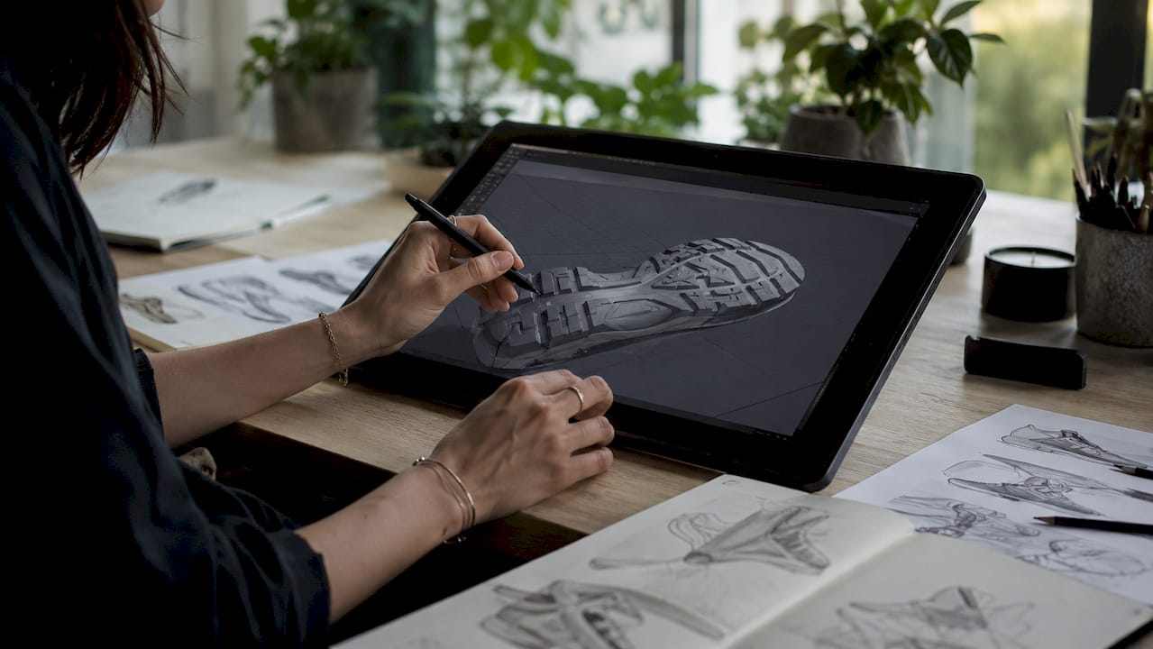Mâinile unui designer prind viață în timp ce schițează și creează digital un model de pantof.