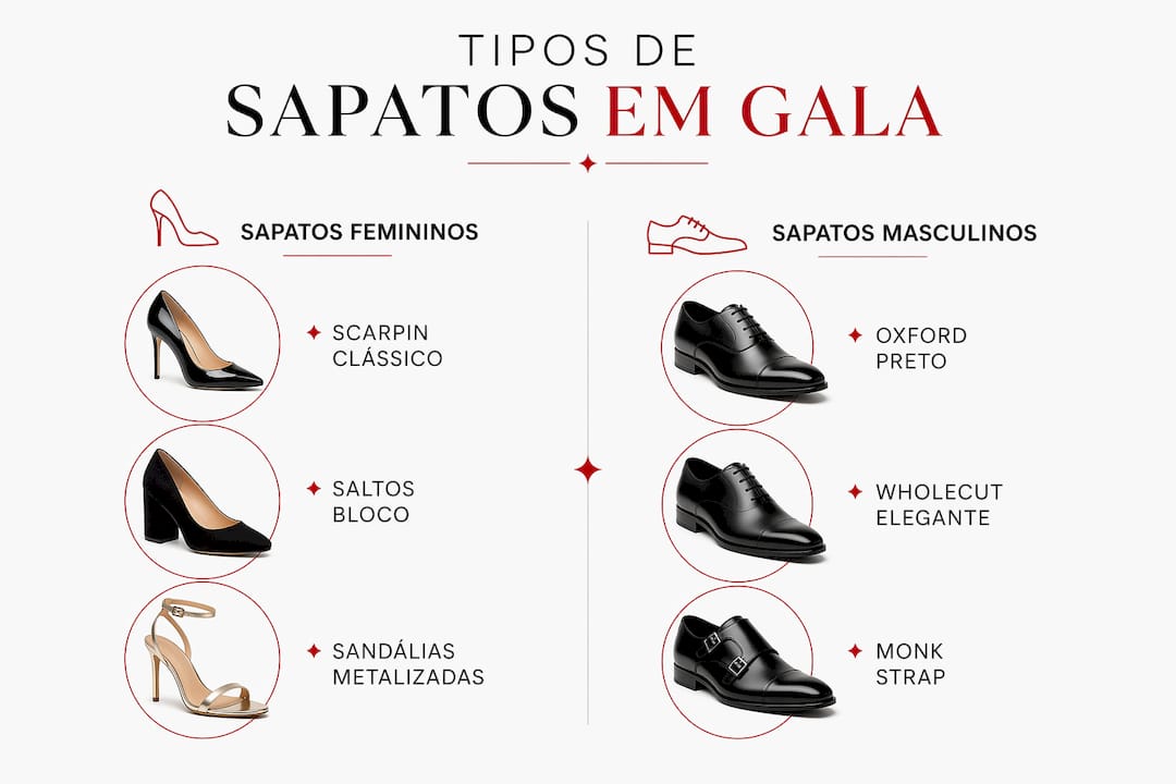 Infográfico a ilustrar as principais diferenças entre sapatos de cerimónia para homem e para senhora