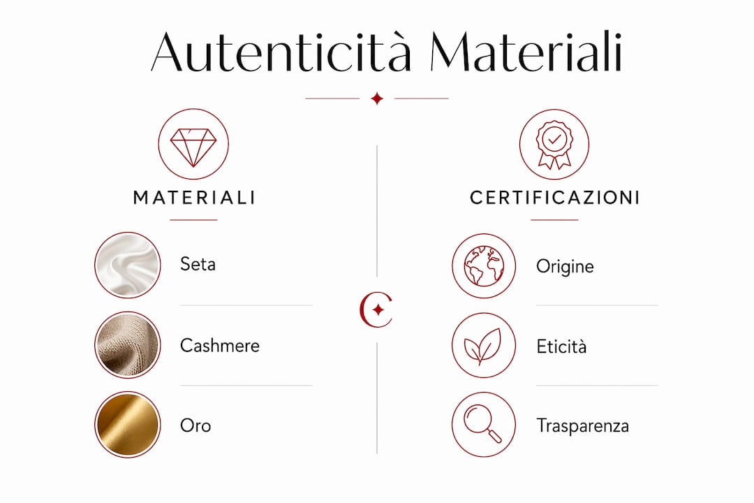Infografica dedicata ai materiali pregiati e alle certificazioni di qualità negli accessori di lusso