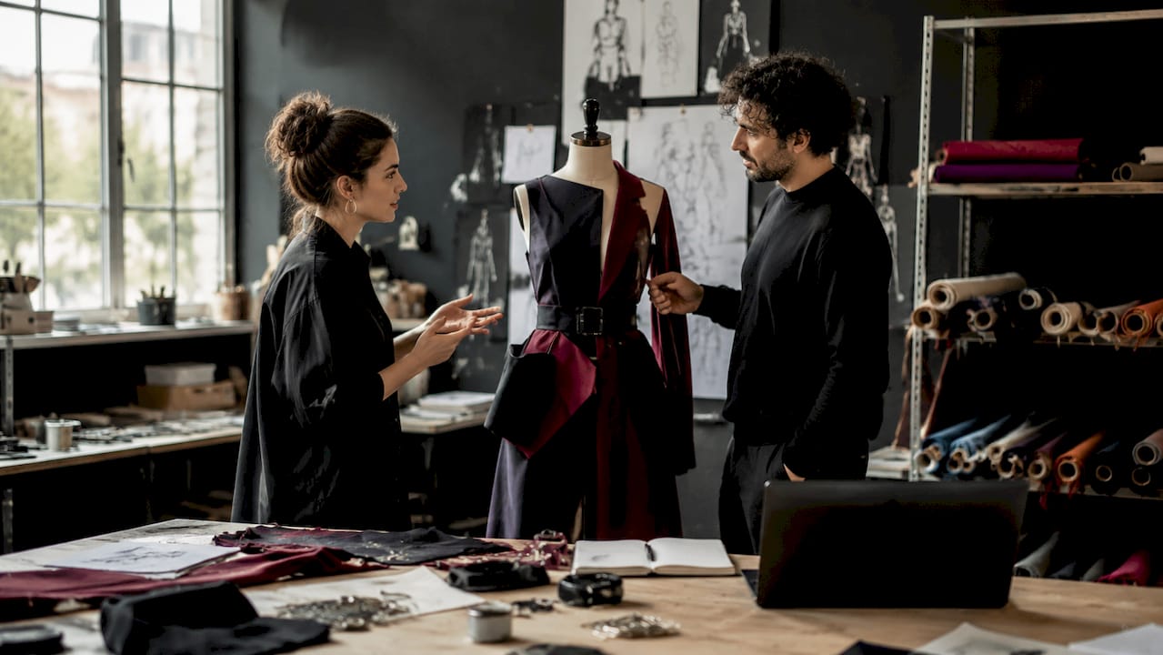 Des professionnels de la mode échangent autour d’une tenue lors d’une séance immersive en studio.