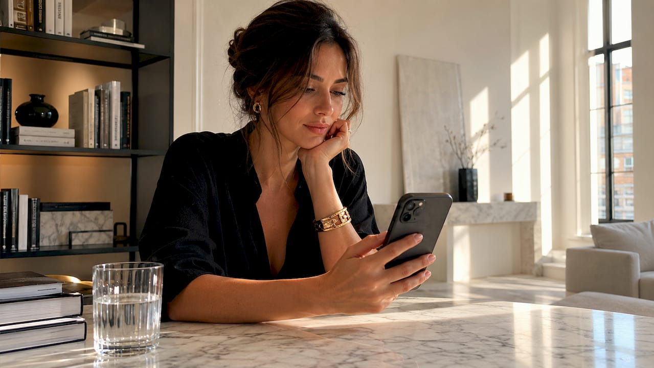 Een close-up van handen die op een smartphone door een webshop scrollen.