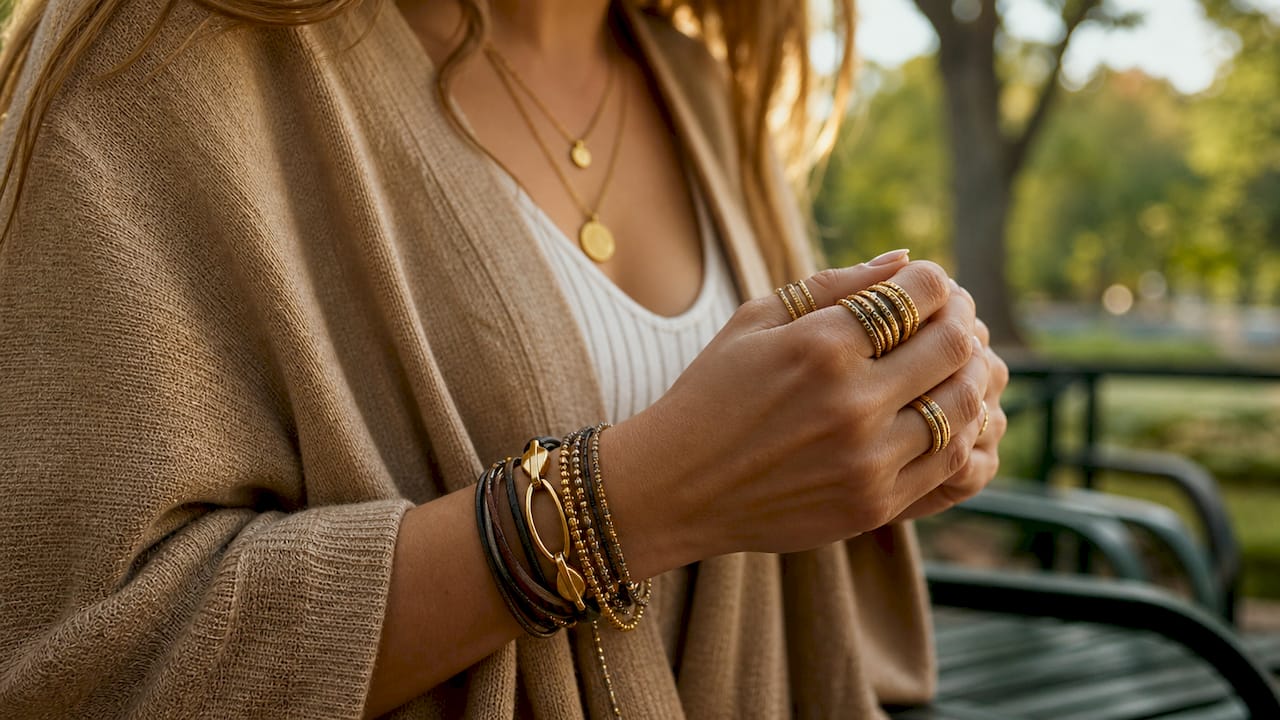 Lässig gestylte Hände mit mehreren Ringen und Armbändern – der perfekte Look für den Alltag.