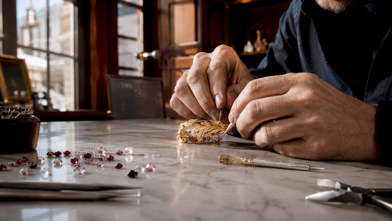 Dettaglio ravvicinato delle mani di un artigiano all’opera nella creazione di gioielli.