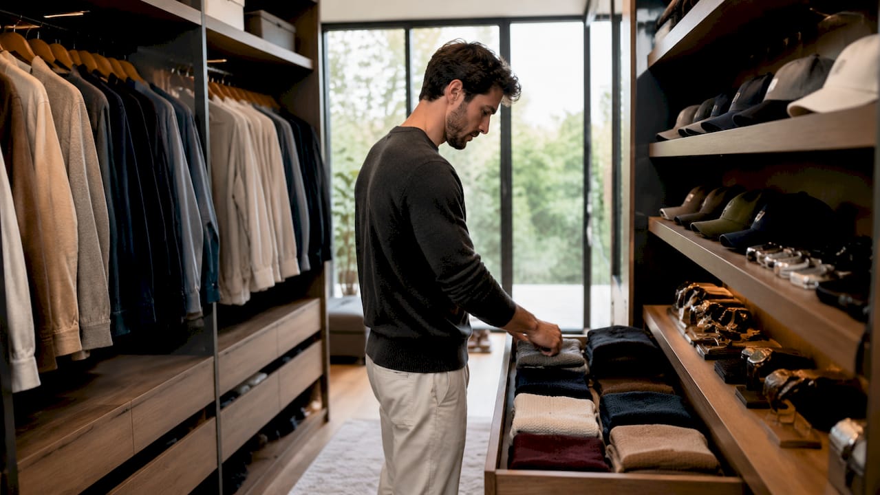 Replica Luxury Handbagm a arrumar a roupa num closet moderno