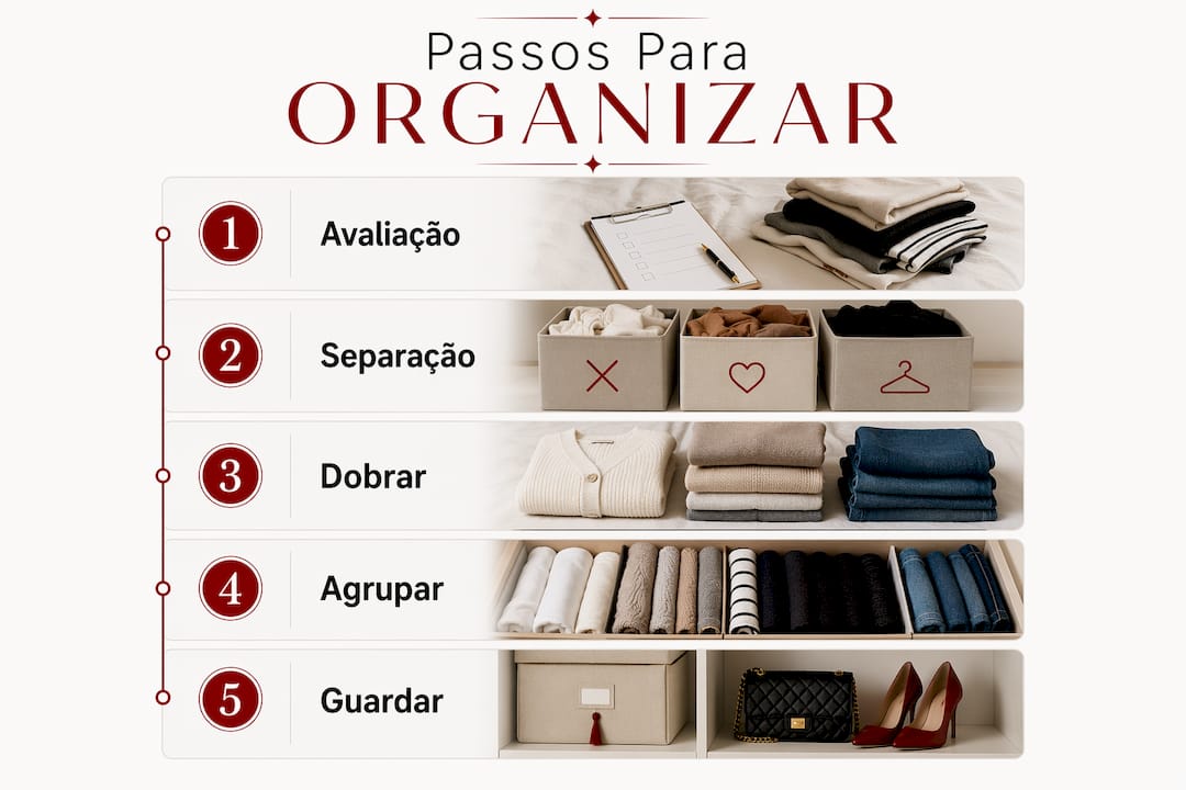 Infográfico com dicas práticas para arrumar e organizar o roupeiro passo a passo