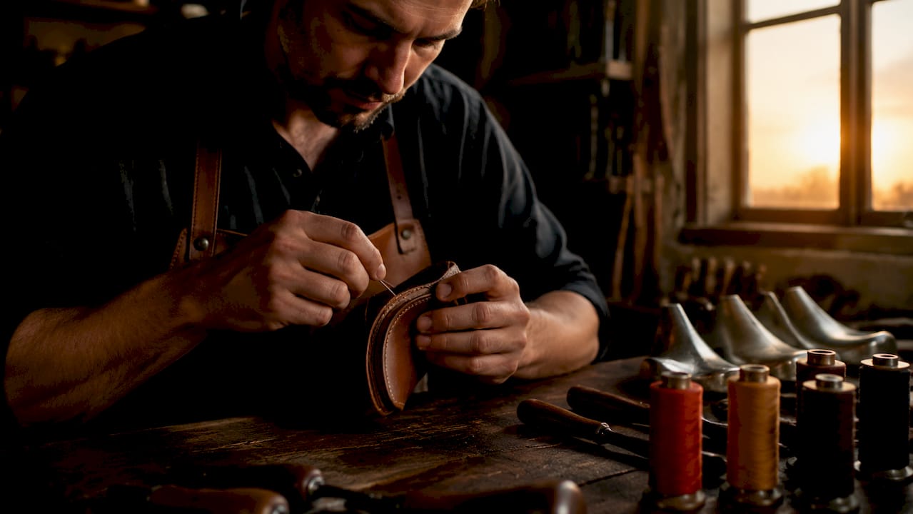 Manos expertas dan forma al cuero, cosiendo a mano cada pieza de un zapato artesanal.