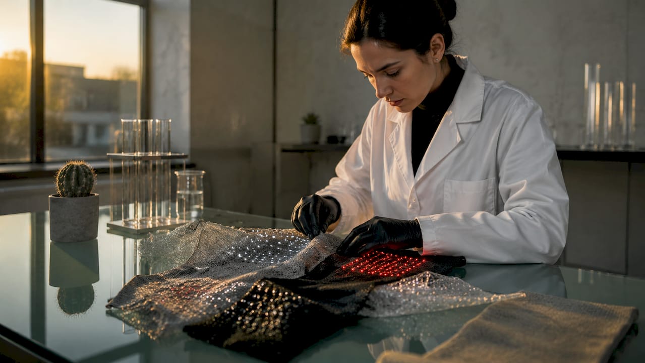 Des mains expertes manipulent des textiles intelligents de dernière génération au sein d’un laboratoire, explorant leurs propriétés innovantes.