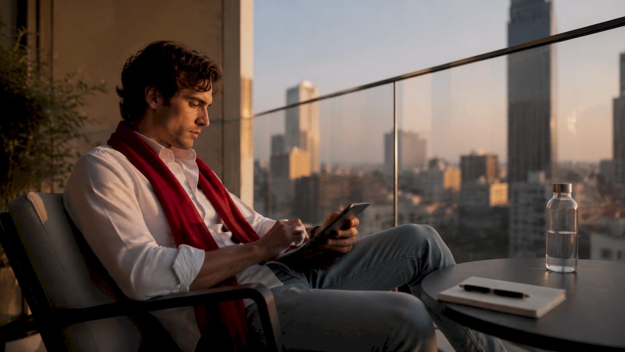 Man zit thuis op de bank en bekijkt gepersonaliseerde mode op zijn tablet.