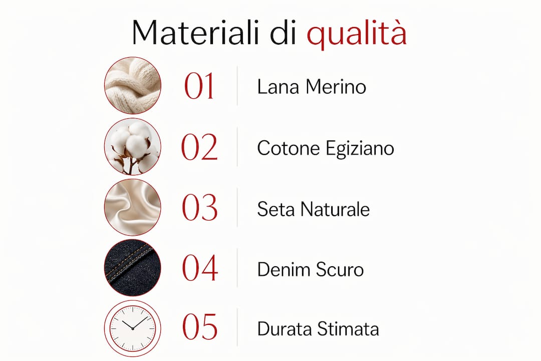 Infografica dedicata ai materiali: eleganza, resistenza e qualità a confronto