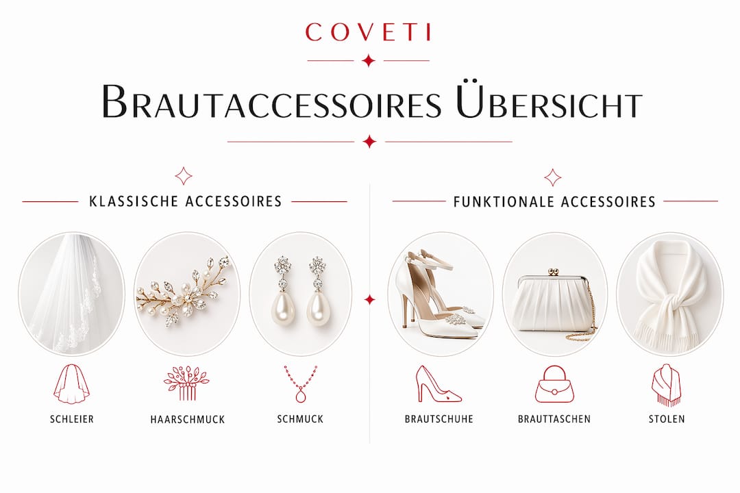 In dieser Infografik werden die unterschiedlichen Kategorien von Brautaccessoires anschaulich und klar dargestellt.