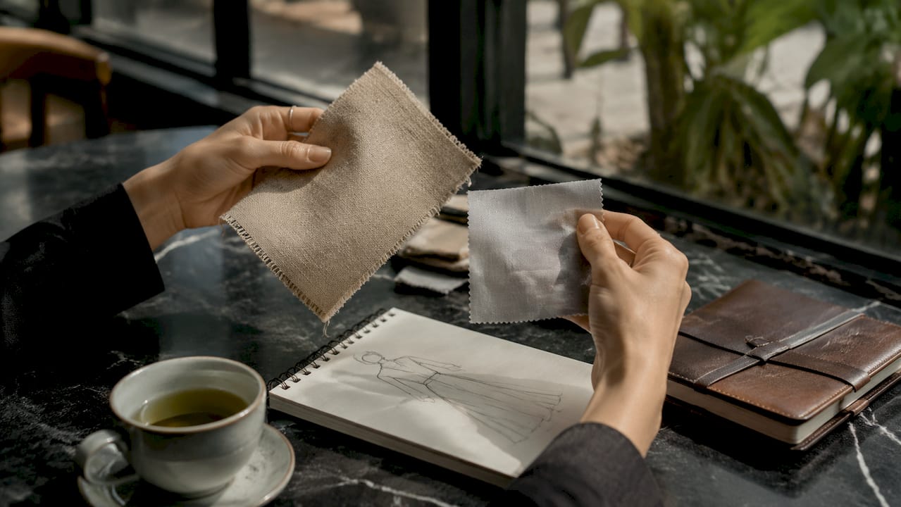 Mãos a analisar e comparar tecidos para criar moda sustentável