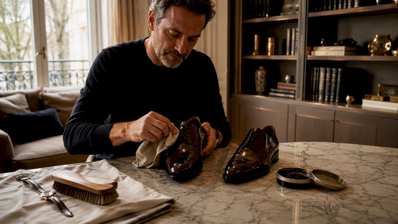 Une main en train de cirer une chaussure en cuir